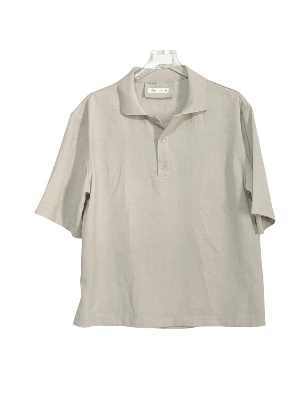 Zara Mens Tan Boxy Polo Shirt M Popover 2 Button Collared Short Sleeve Resort
